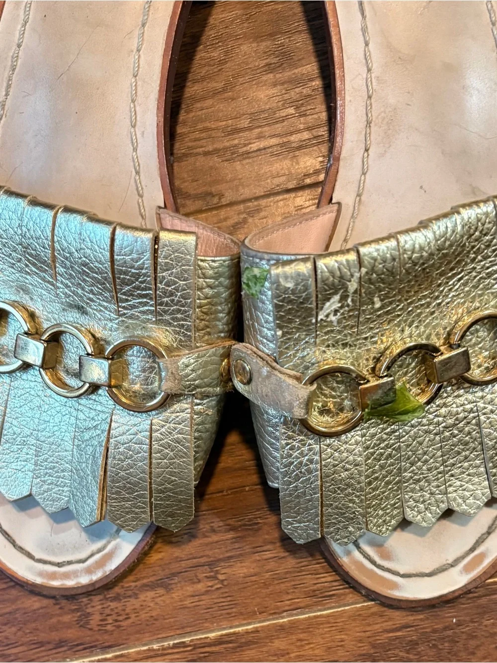 kate spade Brie Metallic Gold Leather Fringe Slide Sandals with Chain Detail